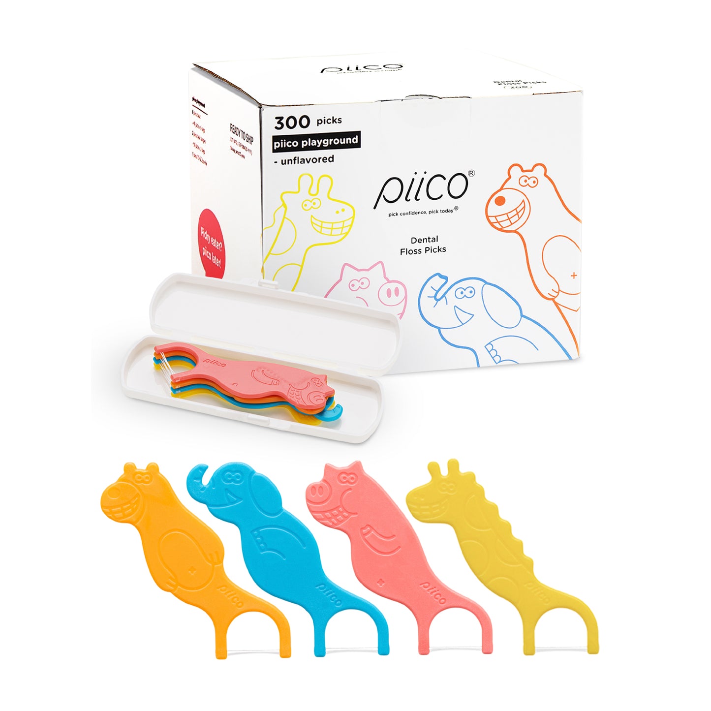 Piico Dental Floss Picks for Kids - (300 Count Playground Zoo + Freebies)