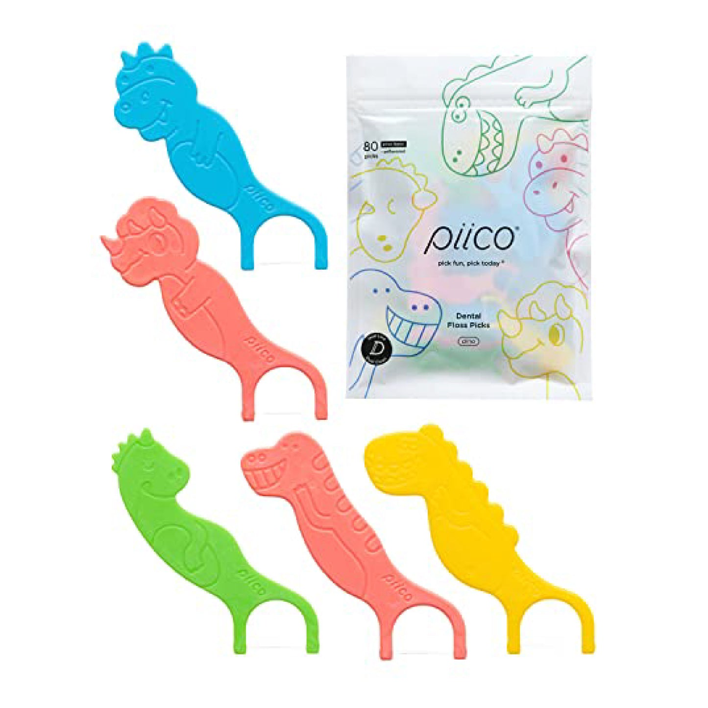 Piico Dental Floss Picks for Kids - (80 Count Jumpstart Dino + Freebies)