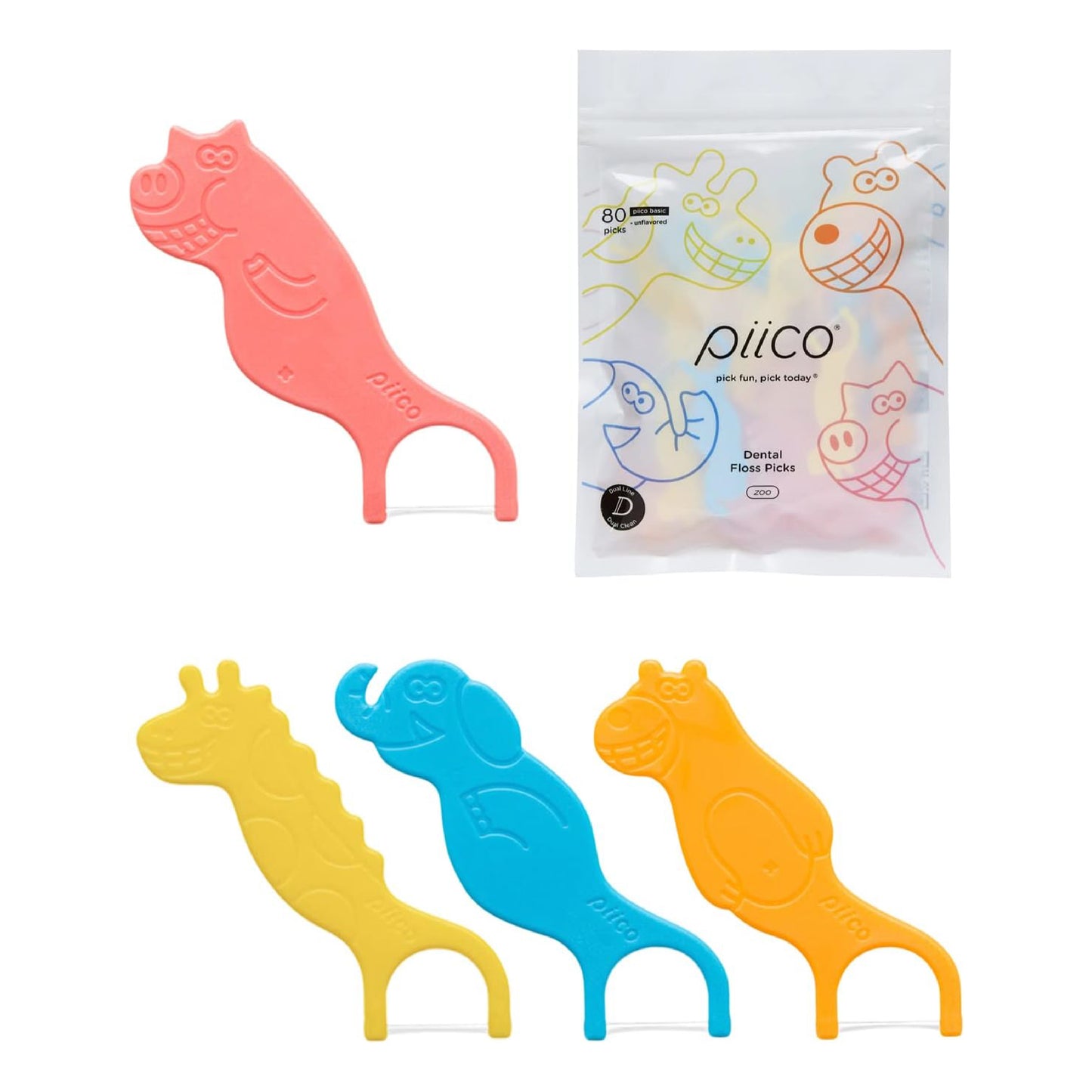 Piico Dental Floss Picks for Kids - (80 Count Jumpstart Zoo + Freebies)