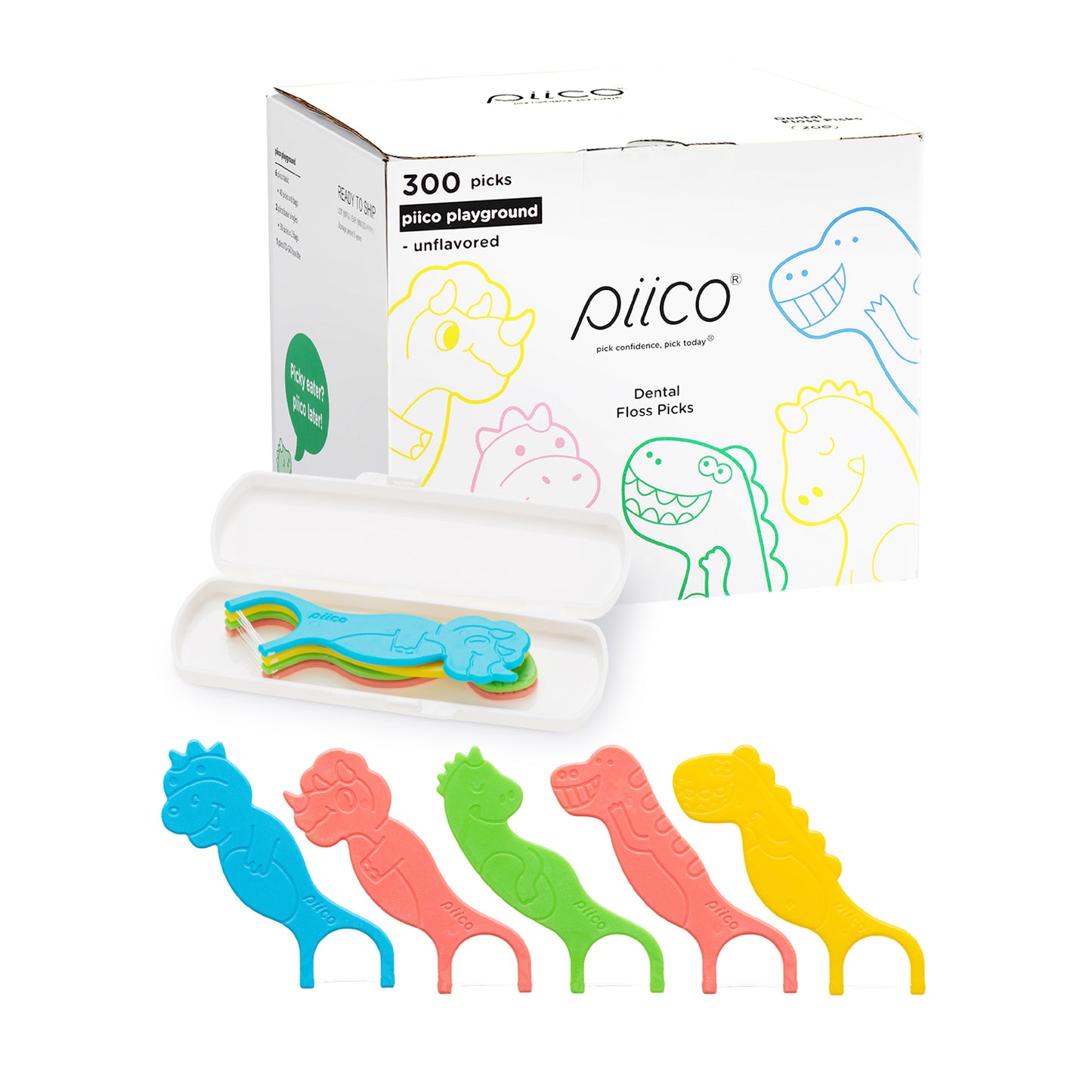 Piico Dental Floss Picks for Kids - (300 Count Playground Dino + Freebies)