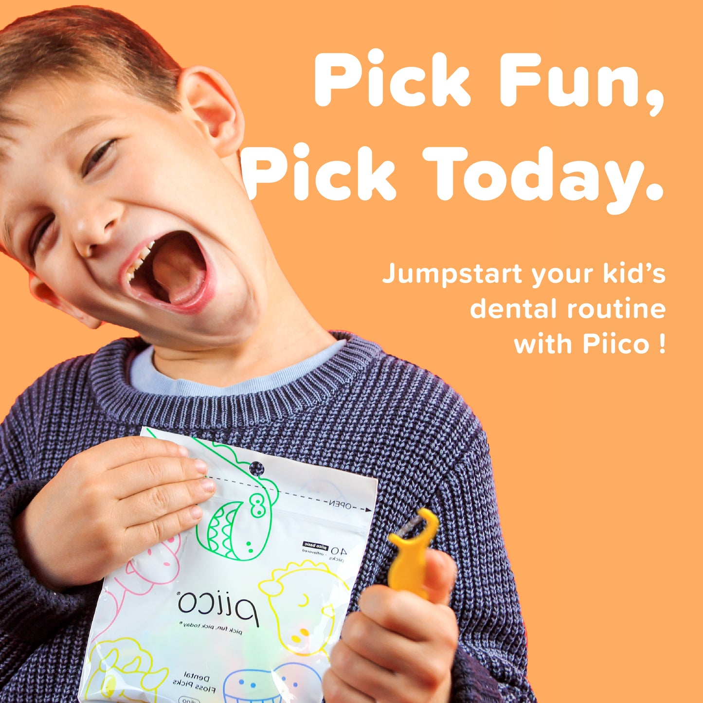 Piico Dental Floss Picks for Kids - (80 Count Jumpstart Dino + Freebies)