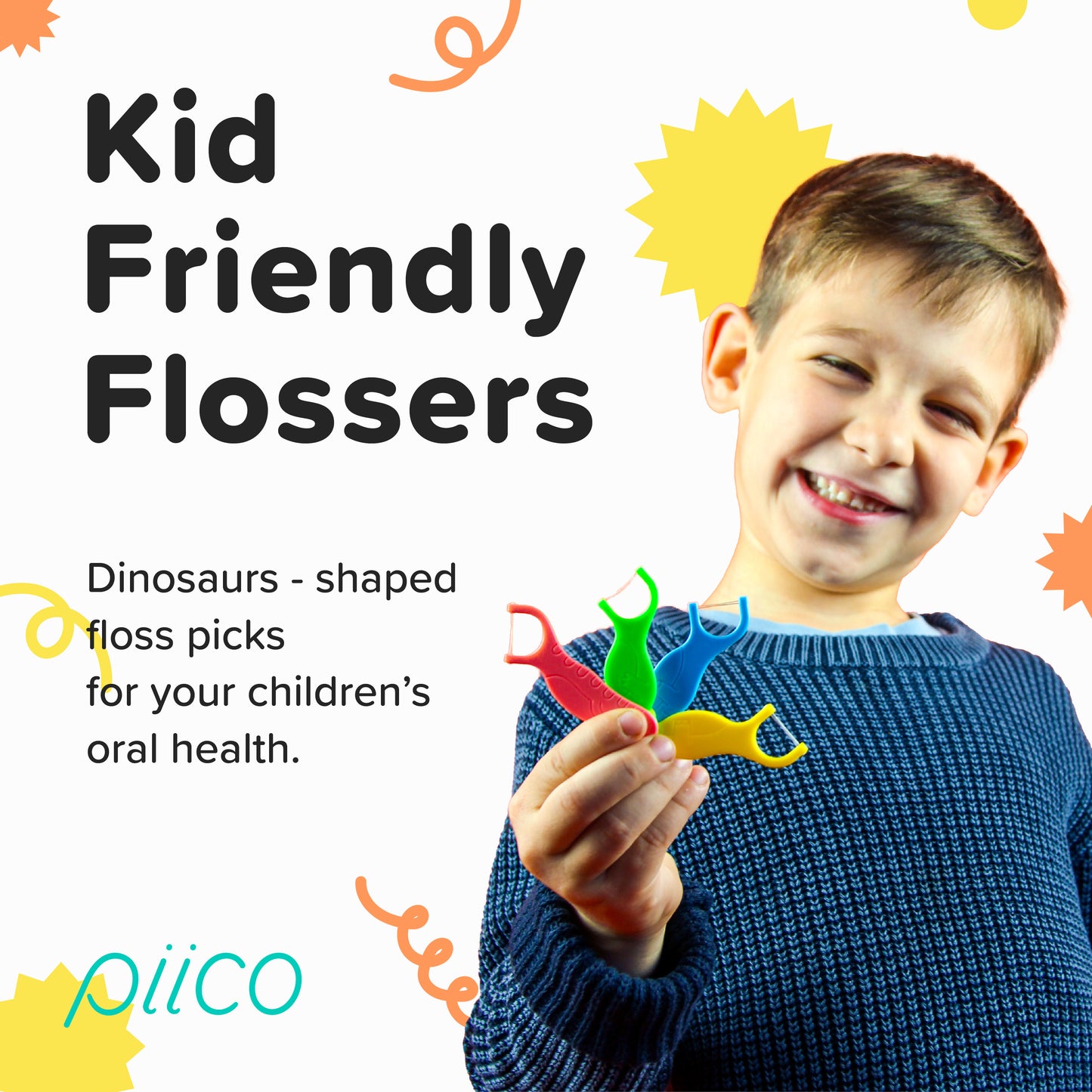 Piico Dental Floss Picks for Kids - (80 Count Jumpstart Dino + Freebies)