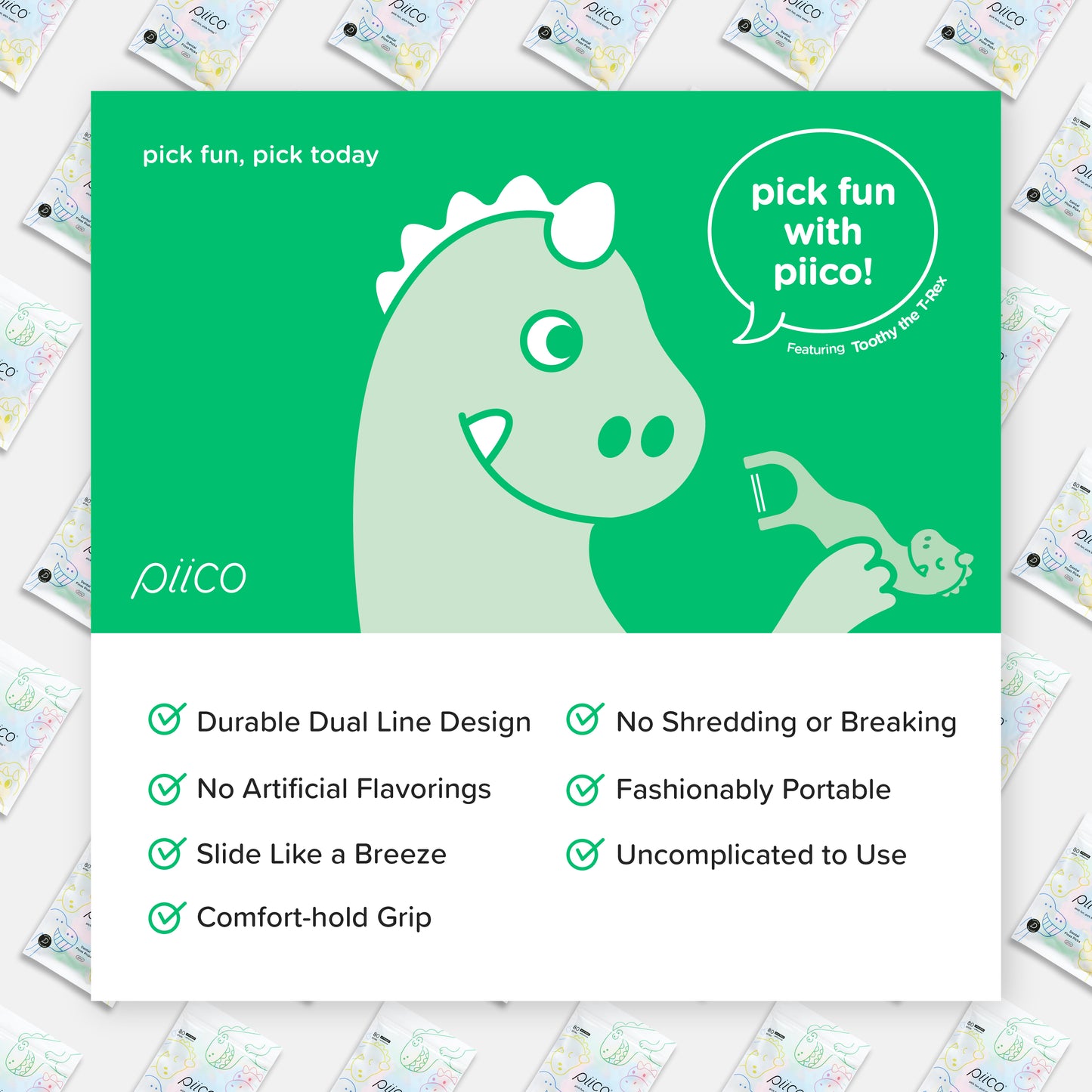 Piico Dental Floss Picks for Kids - (80 Count Jumpstart Dino + Freebies)