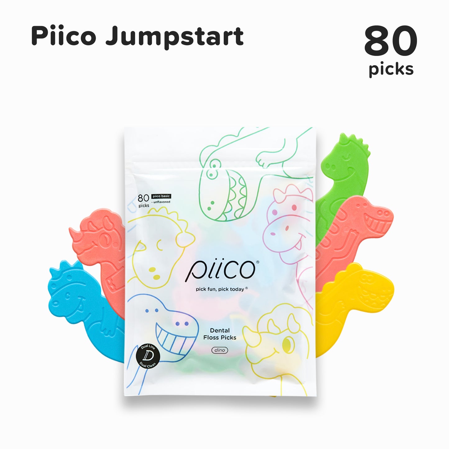 Piico Dental Floss Picks for Kids - (80 Count Jumpstart Dino + Freebies)