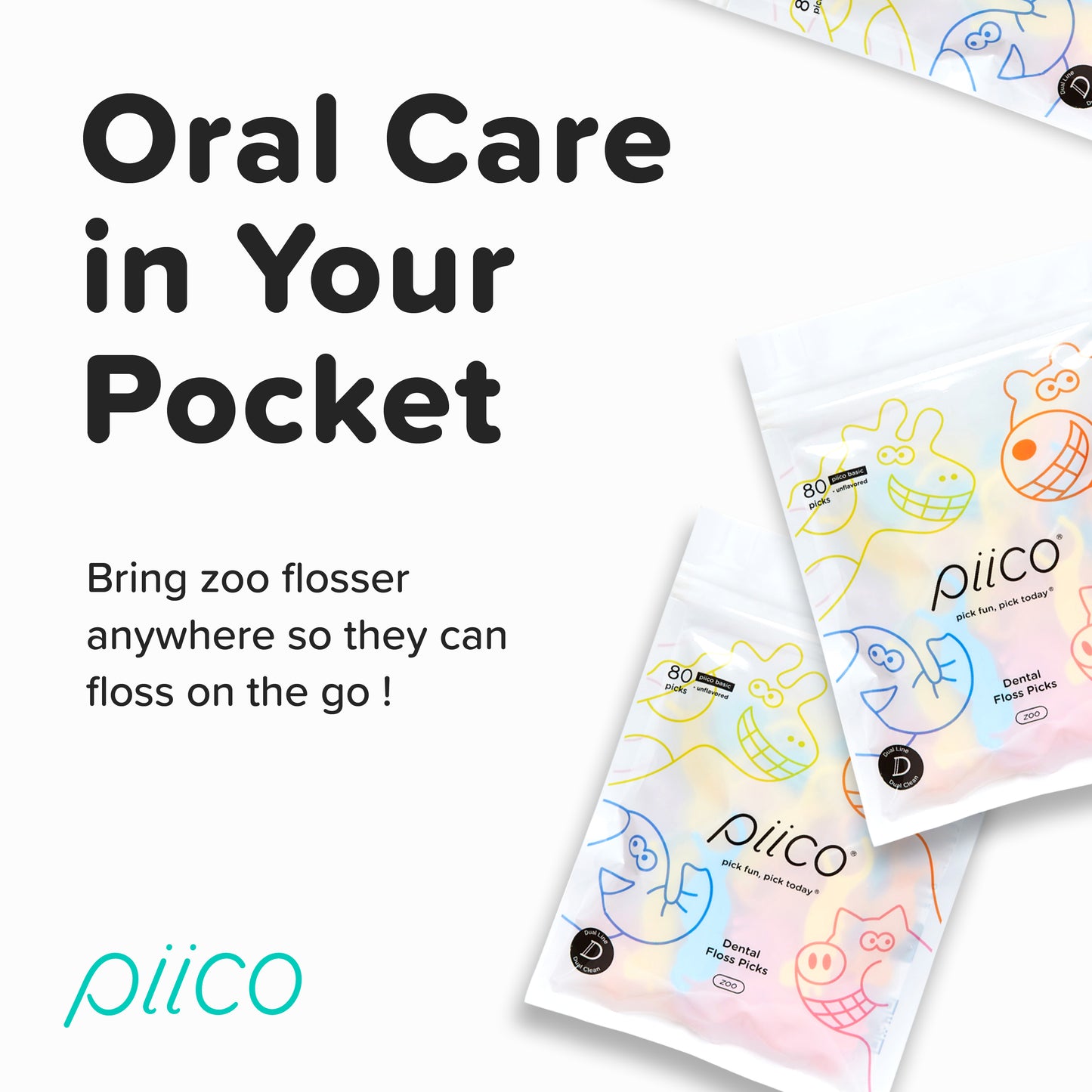 Piico Dental Floss Picks for Kids - (80 Count Jumpstart Zoo + Freebies)