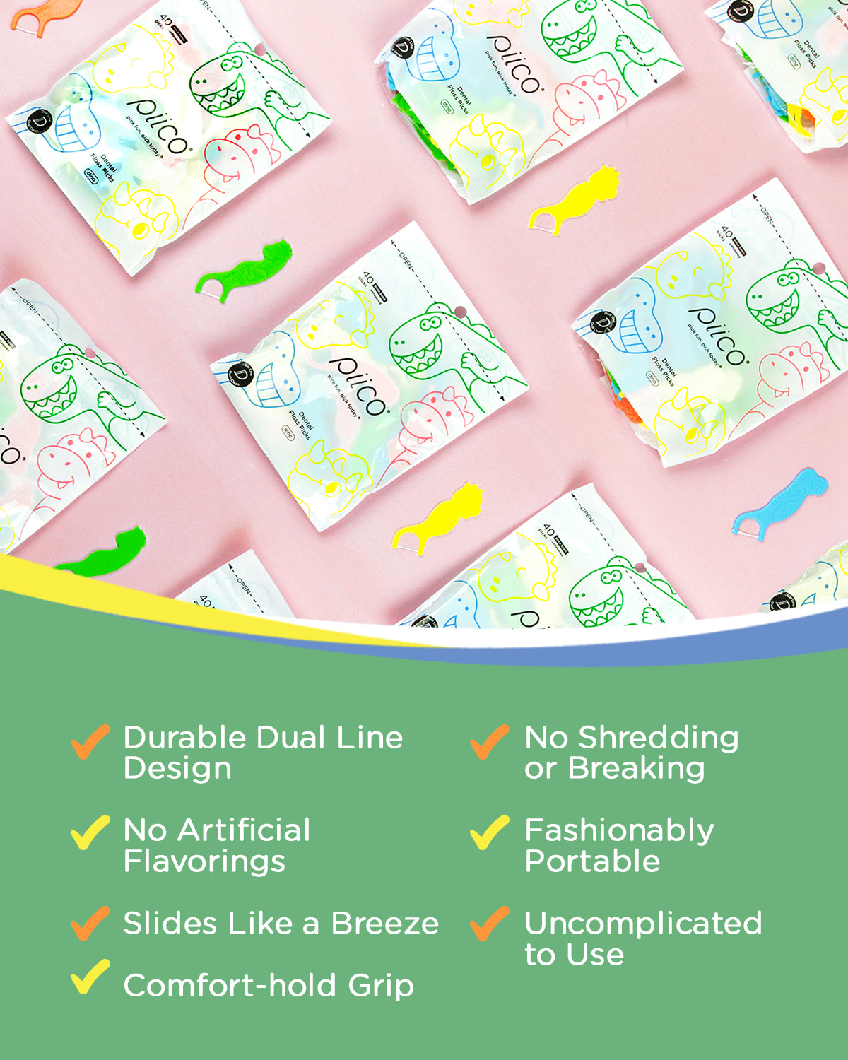 Piico Dental Floss Picks for Kids - (300 Count Playground Dino + Freebies)