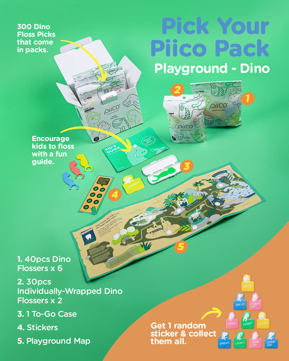 Piico Dental Floss Picks for Kids - (300 Count Playground Dino + Freebies)
