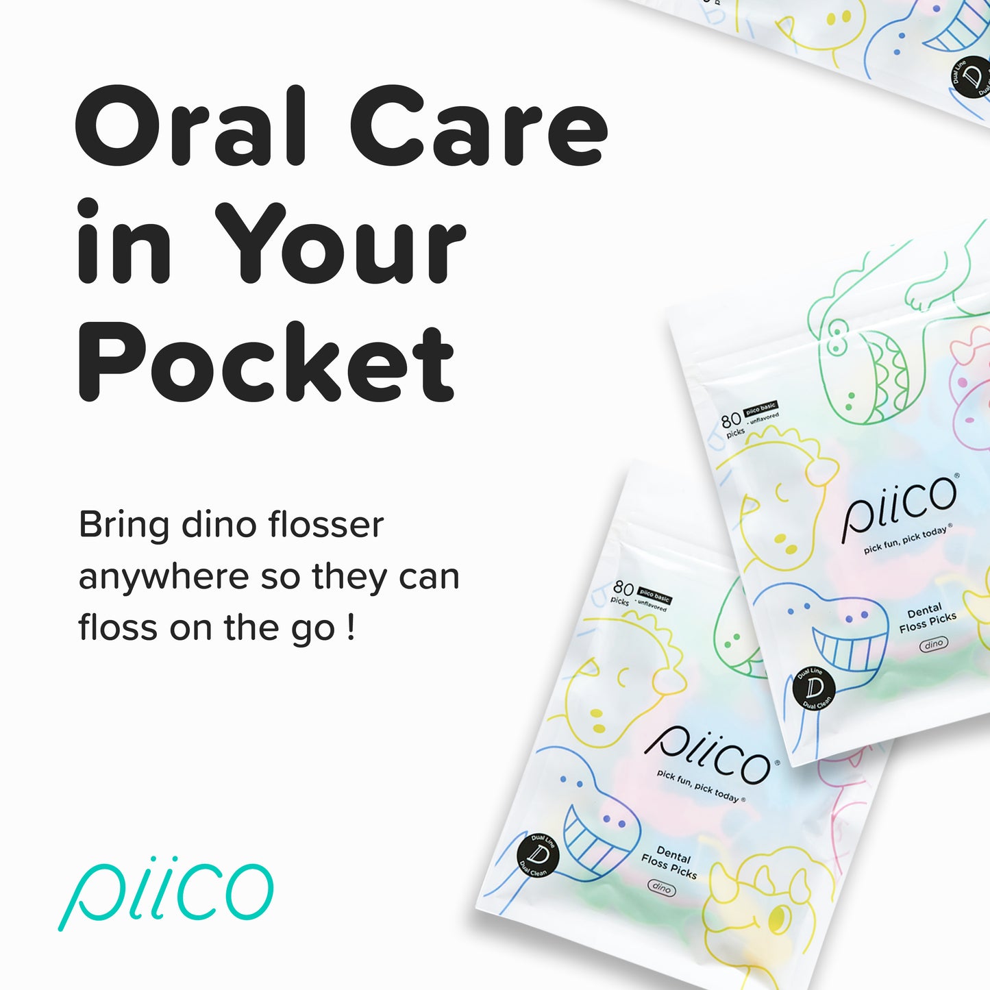 Piico Dental Floss Picks for Kids - (80 Count Jumpstart Dino + Freebies)