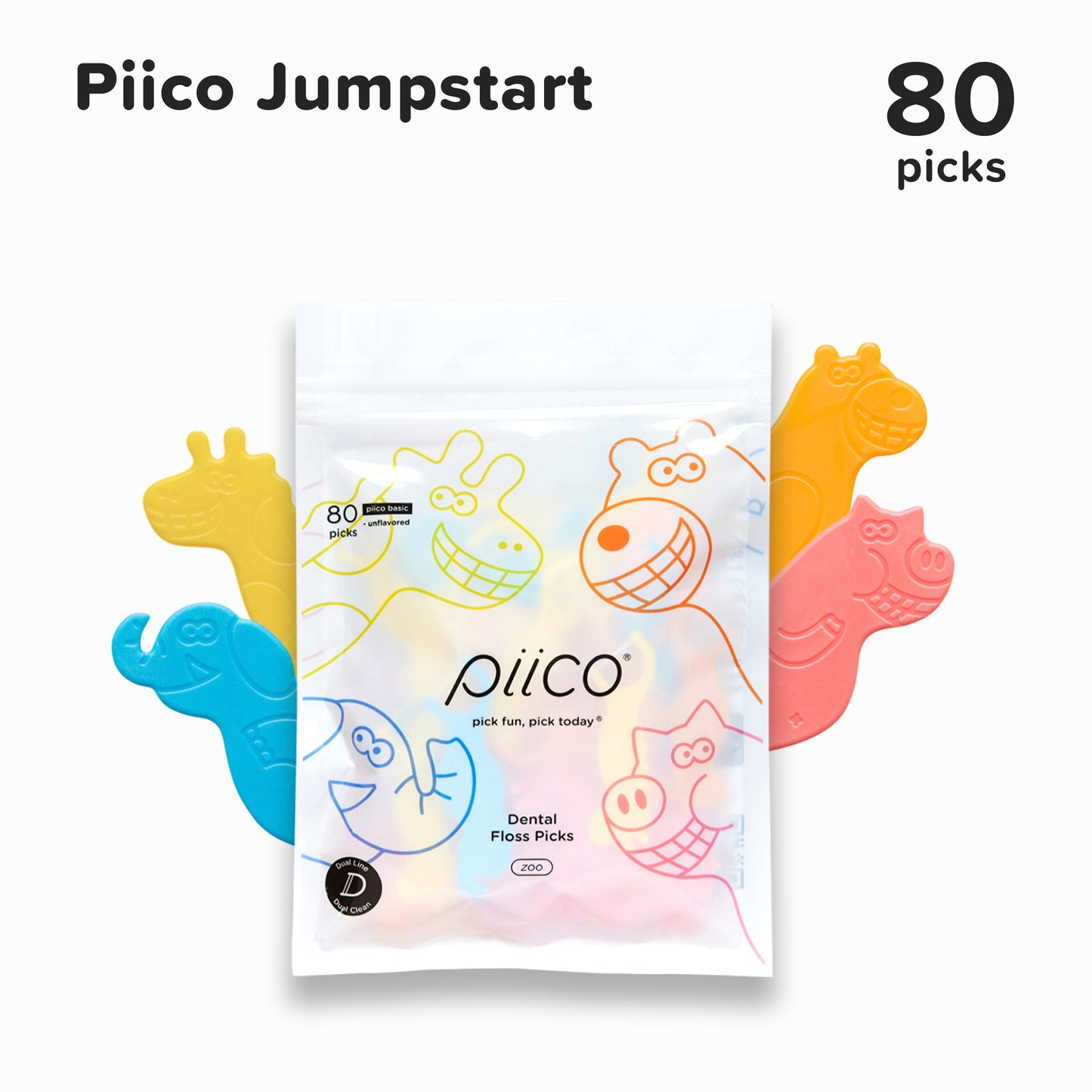 Piico Dental Floss Picks for Kids - (80 Count Jumpstart Zoo + Freebies)